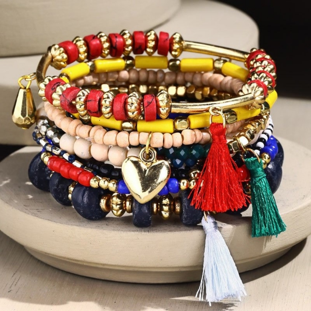 Colorful Bohemian Multi Strand Stretch Bracelet w Golden Heart Charm & Tassels